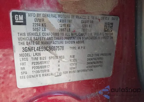 2012 Chevrolet Captiva Sport Ltz from USA, damaged, VIN 3GNFL4E59CS607578